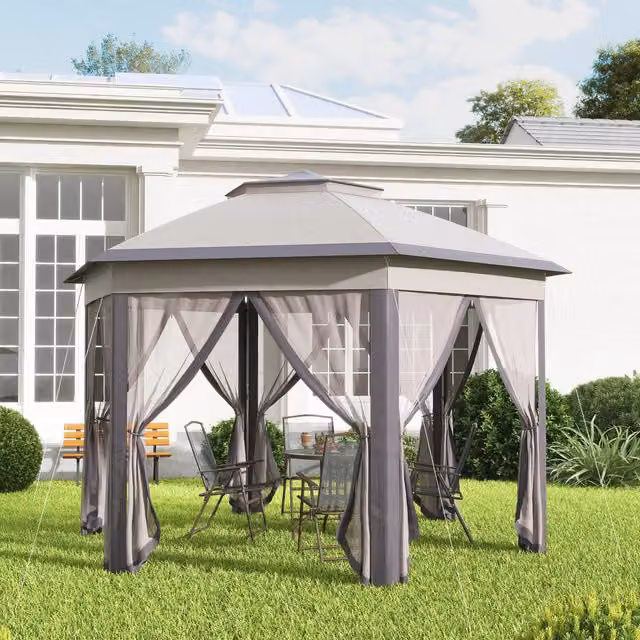 Outsunny Hexagon Gazebo with Metal Frame, Beige, W: 4.05 m, D: 3.4 m