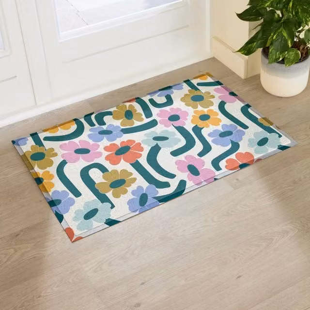 Artsy Mats Elizabeth Olwen Chunky Floral Indoor/Outdoor Doormat in Beige and Multicolour, W: 90 cm, D: 60 cm – 1