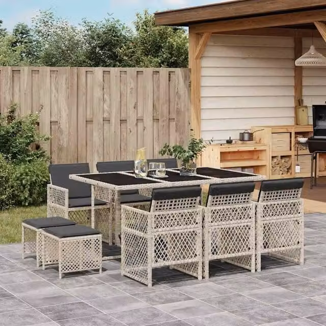 Berkfield Home 11 Piece Modern Grey Poly Rattan Garden Dining Set with Glass Table and Cushions