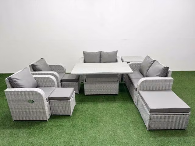 Fimous 9 Seater Rattan Garden Furniture Set in Grey with Reclining Chairs, 3 Stools, Side Table and Adjustable Lifting Table