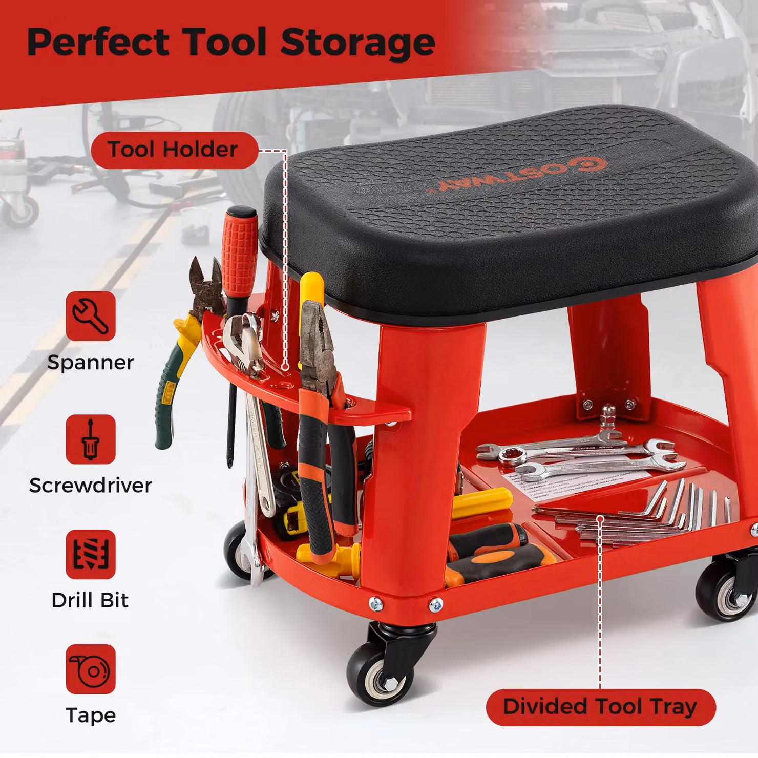 Gymax Red Rolling Garage Stool Creeper Seat with Detachable Seat and Tool Holder – 4