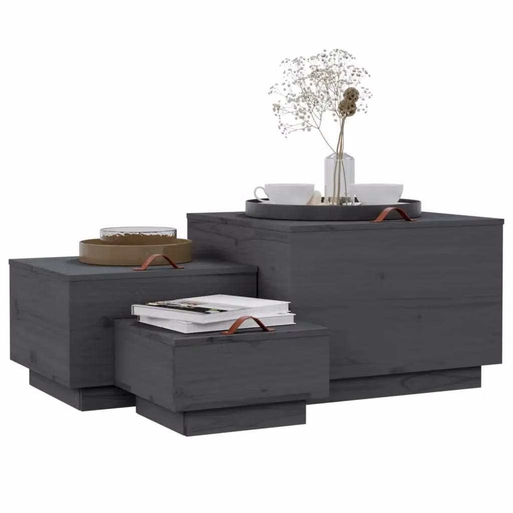 Berkfield Home Set of 3 Grey Solid Pine Wood Storage Boxes with Lids and Handles – 3
