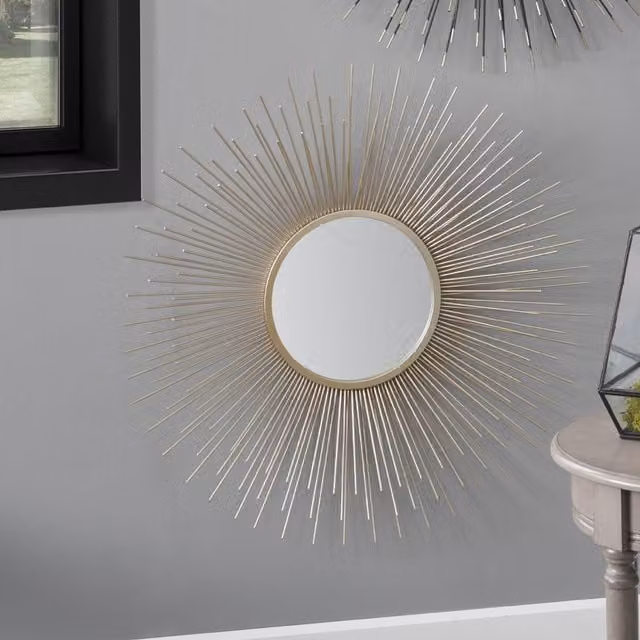 Pacific Lifestyle Starburst Sun Round Art Deco Wall Mirror in Gold and Black Metal
