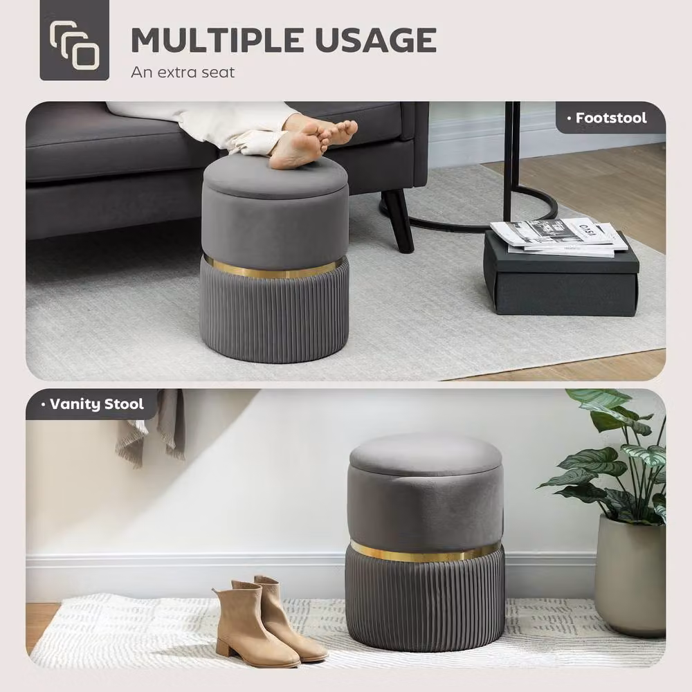 HOMCOM Round Velvet Storage Pouffe and Footstool with Cushioned Top in Grey – 5