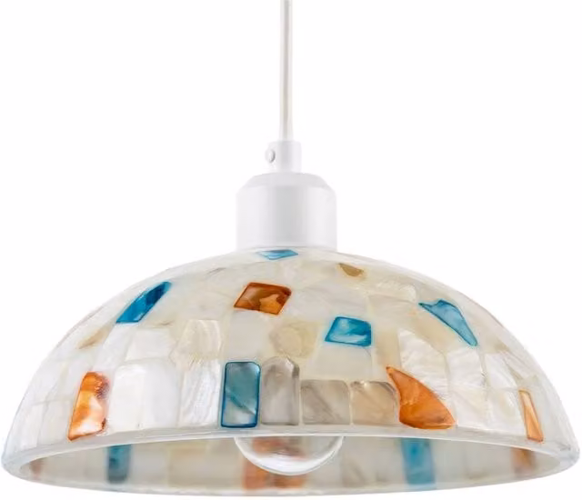 Happy Homewares Mother of Pearl Mosaic Dome Pendant Lighting Shade with Shell Tiles in Beige, Blue and Multicolour