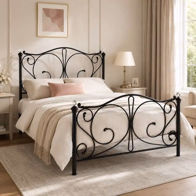 SquareBoxx Sofia Double Metal Scrollwork Crystal Finials Bed Frame in Black – 1