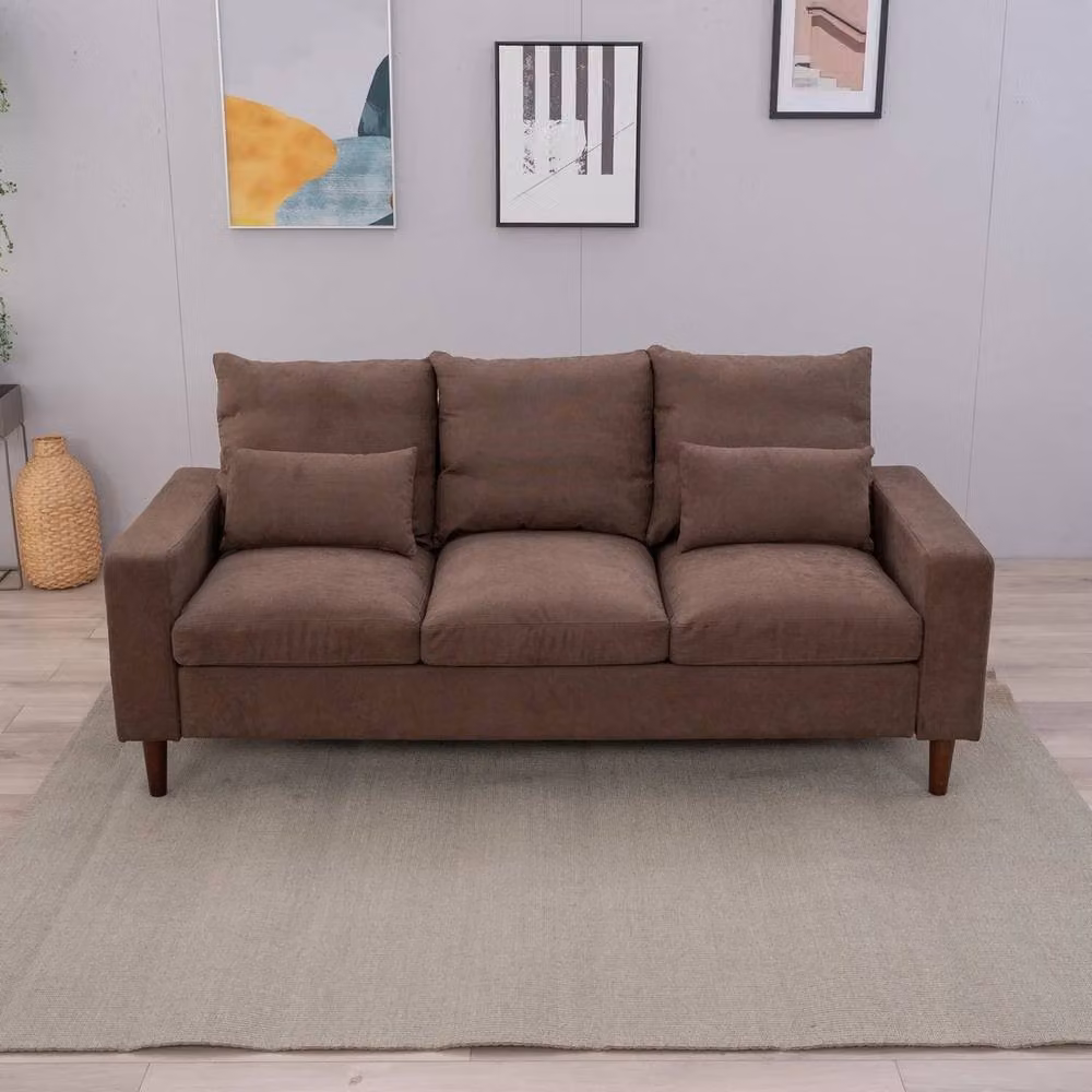 FORGEVIO Brown 3 Seater Modern Linen Fabric Sofa with Metal Frame and Scatter Cushions – 2