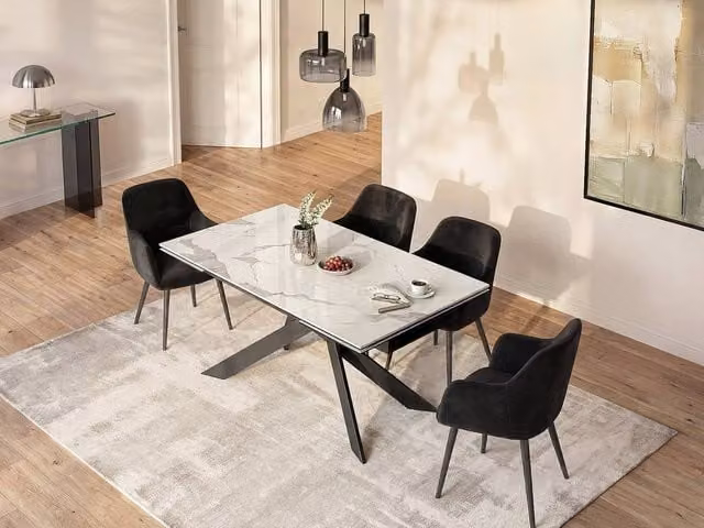 Vente-unique Modern Extendable Rectangular Dining Table in White and Grey Ceramic and Metal, Seats 6 to 10 Adults