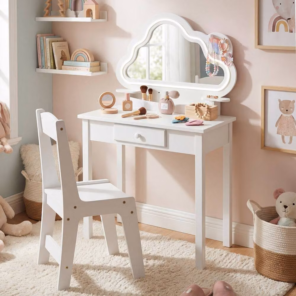 CASART Kids Vanity Set in White with LED Cloud Mirror and Jewelry Rack – 2