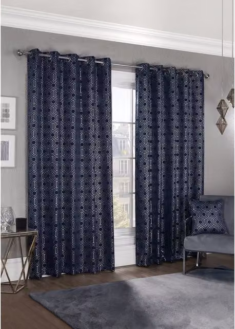 NewEdgeBlinds Blue Graphic Modern Thermal Blackout Eyelet Curtains, Width: 228 cm – 1
