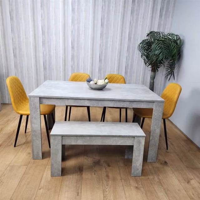 Kosy Koala Modern Dining Set with Stone Grey Effect Rectangular Table, 4 Mustard Chairs and 1 Bench in Grey, Mustard and Black