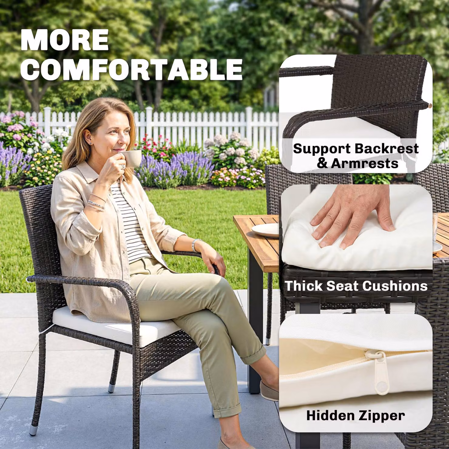 Outsunny 7 Piece Rattan Garden Furniture Set with Extendable Acacia Wood Tabletop and 6 Stackable Chairs – 8