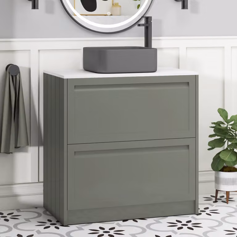 Royal Bathrooms Elmore Matt Green Floor Standing Countertop Vanity Unit with 2 Drawers and Art Square Basin