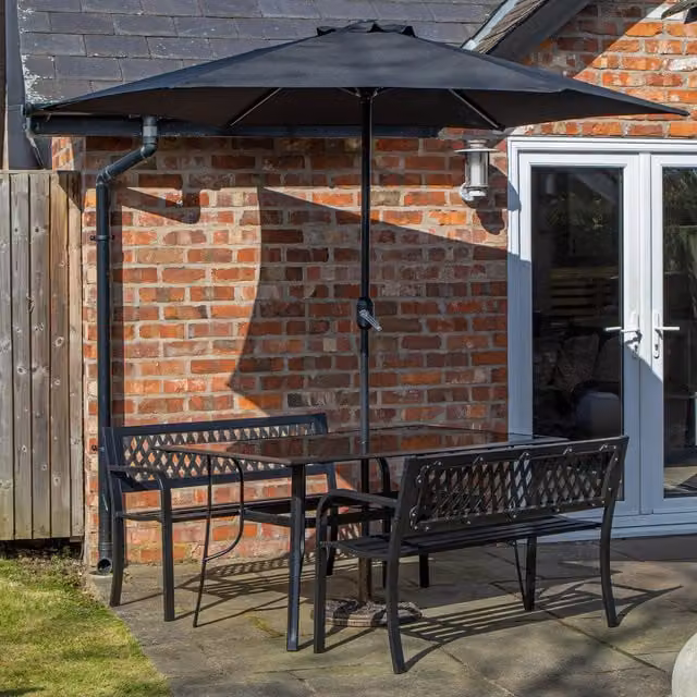 Samuel Alexander Modern 4 Person Glass Top Garden Dining Table and Benches Set with Parasol in Black