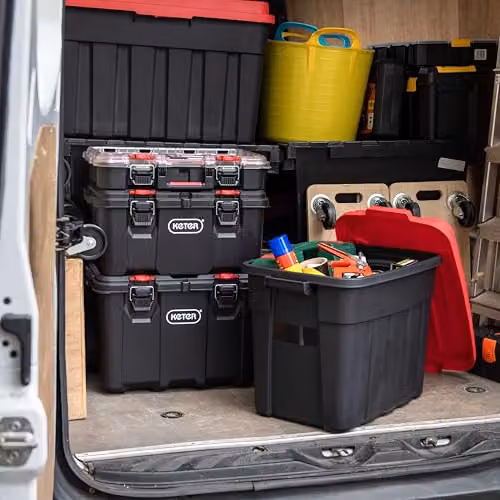 Keter Tuff Box 68L Stackable Storage Box with Lid in Black and Red, W/D/H: 60.5 x 40.1 x 25.8 cm – 3