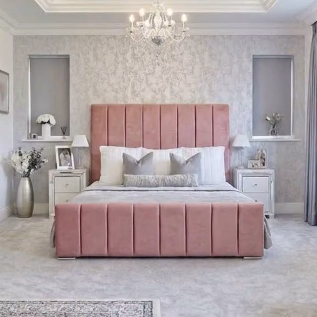Stratus Interiors Oulton Premium Wingback Panelled Bed Frame with Gas Lift Ottoman Storage in Pink Velvet, Super King Size (200 x 200 cm)