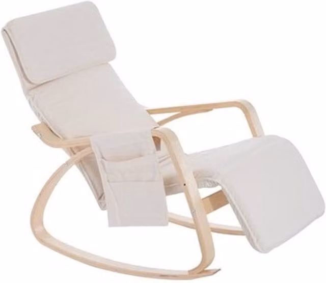 NESTLUNE Scandinavian Rocking Chair Recliner Armchair with Adjustable Footrest in Beige Fabric and Birch Wood Frame