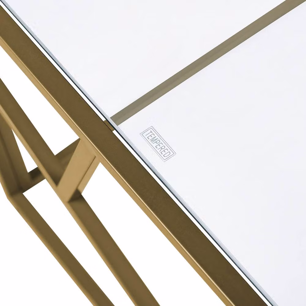 Wyld and Coco Geometric Gold Metal Frame Coffee Table with Glass Top W: 100 cm, D: 50 cm, H: 45 cm – 4