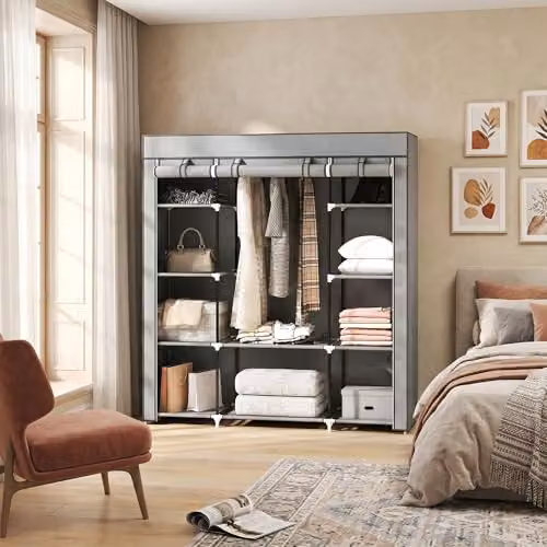 HOMCOM Portable Roll Shutter Wardrobe in Grey with Hanging Rod and Internal Shelves, W/D/H: 150 x 43 x 162.5 cm – 5