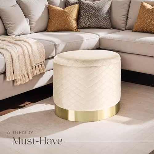 tectake Coco Storage Stool in Cream with Velvet Fabric and Gold Base – 2