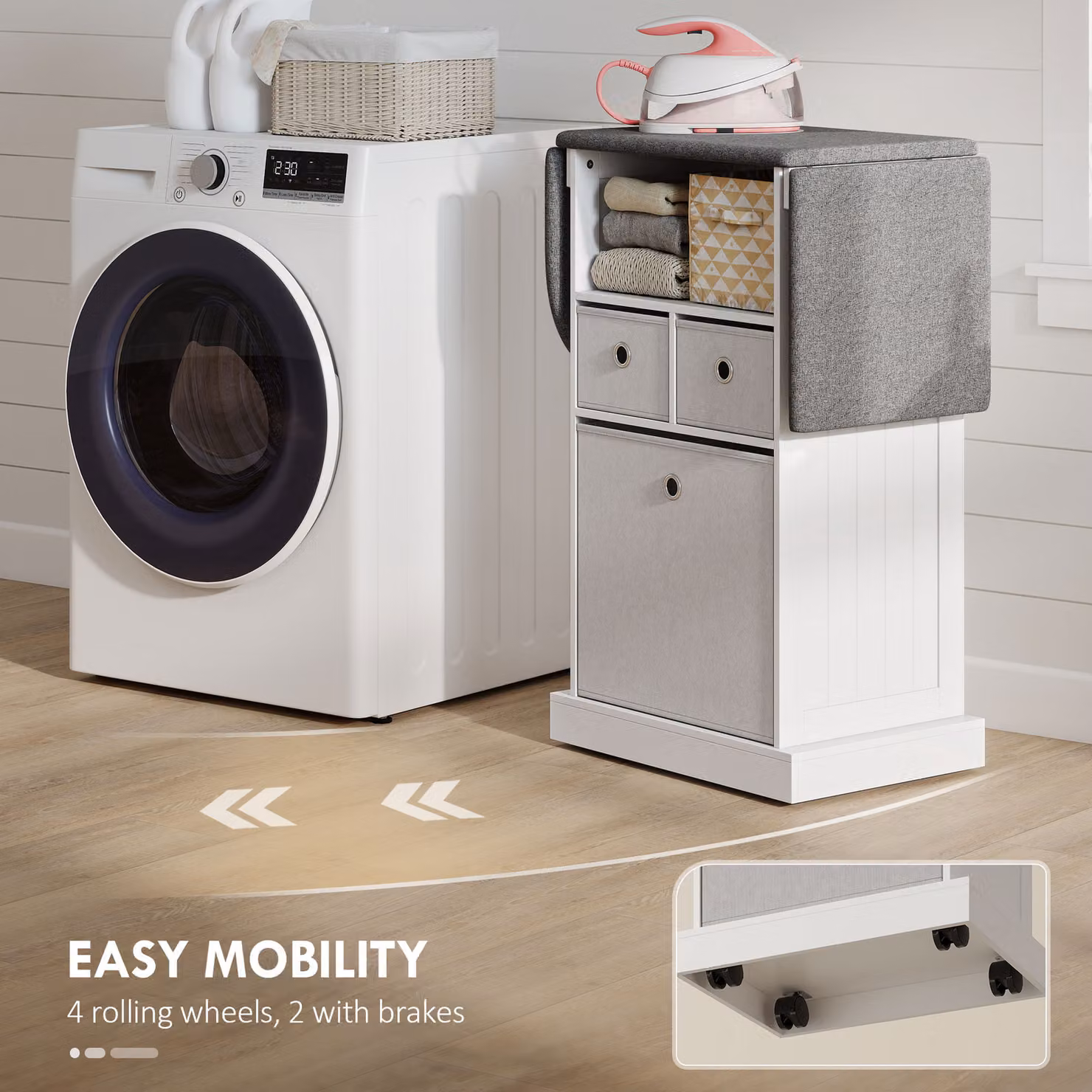 HOMCOM Mobile Ironing Board Cabinet on Wheels with Foldable Top, White – 3