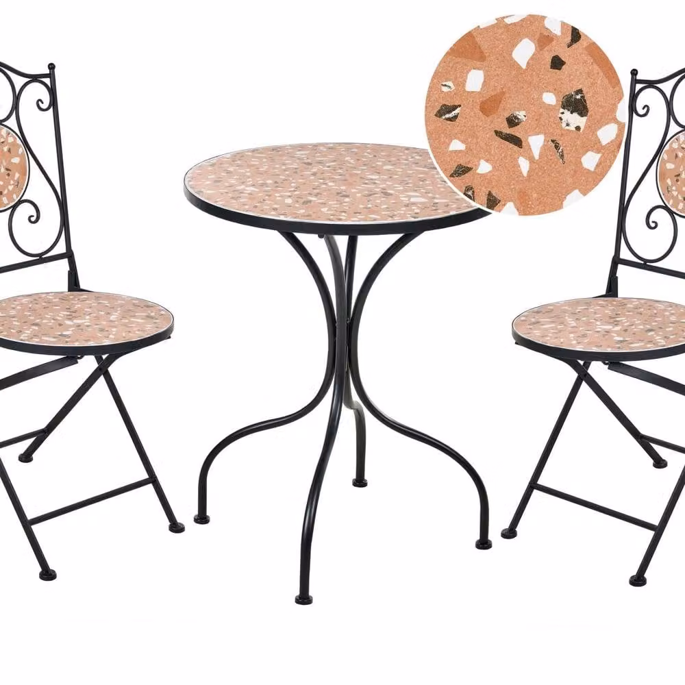 Wyld and Coco Outdoor Bistro Set with Black Powder Coated Steel Frame and Abstract Terrazzo-Effect Ceramic Tabletop – 2