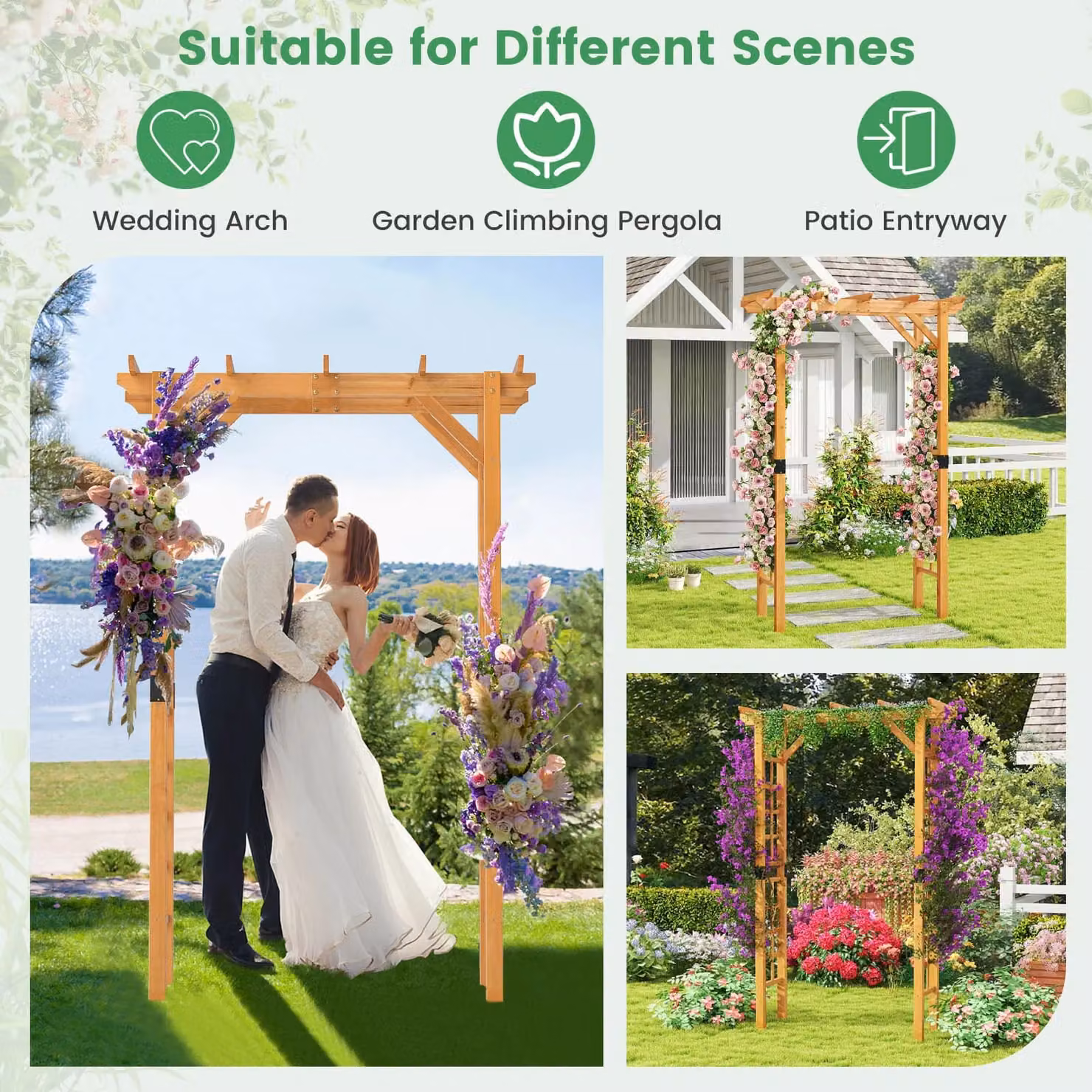 Costway Wooden Garden Arch Arbor and Outdoor Trellis in Yellow, H 215 x W 60 x D 60 cm – 2