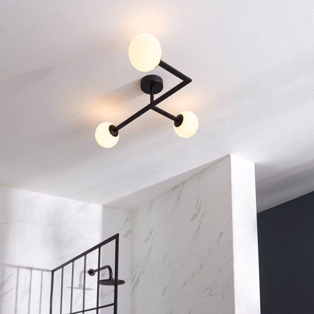 Netlighting RIOMAGGIORE Dimmable 3 Light Glass and Metal Semi Flush Bathroom Ceiling Lamp in Black – 2