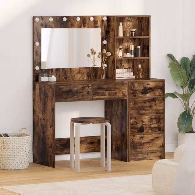 Berkfield Home 2 Piece Hollywood LED Dressing Table Set in Smoked Oak Brown