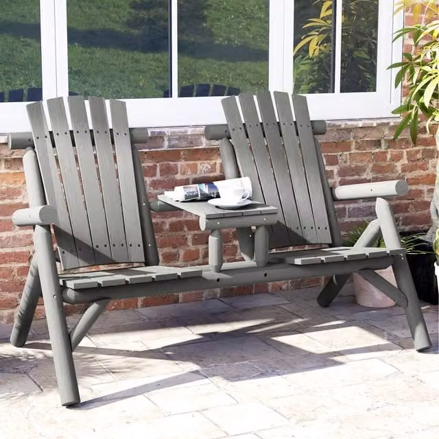Outsunny Wood Patio Chair Bench with 2 Seats and Centre Coffee Table, Grey
