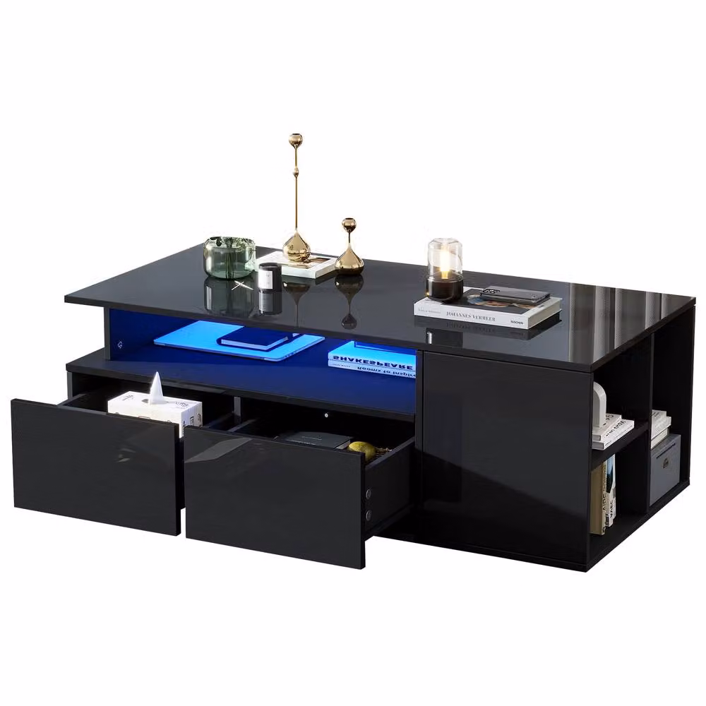STILVORA Modern Black Glossy Coffee Table with 2 Drawers and Open Storage, W/D/H: 100 x 50 x 35 cm – 4