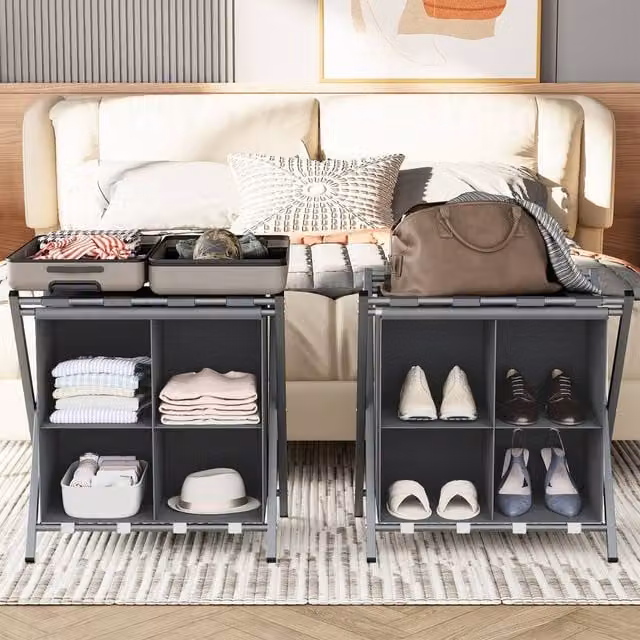 Huhote Metal Luggage Rack with Storage Shelf, Set of 2, Grey