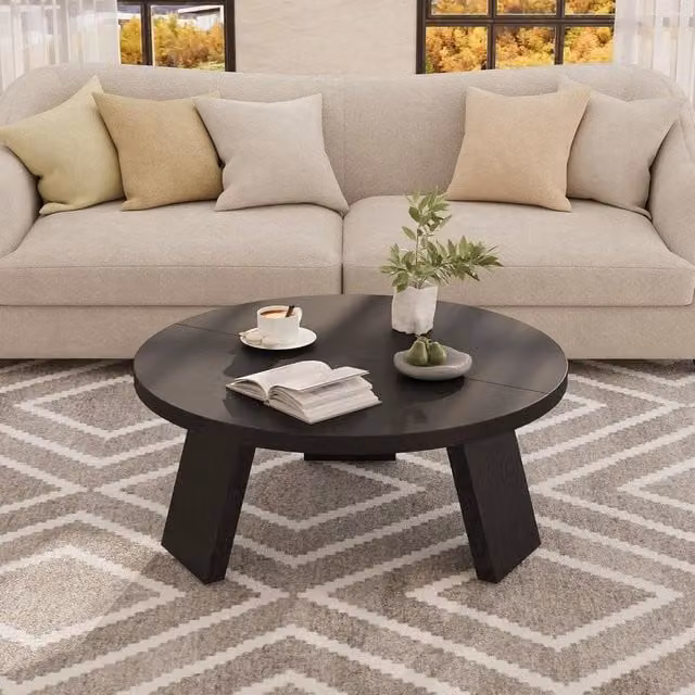 KORVIXA Round Black Coffee Table with Matt Finish, Diameter: 100 cm, Height: 40 cm
