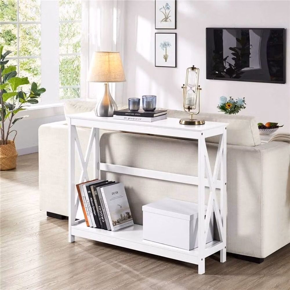 Kelvenix White 2-Tier Slim Console Table with X-Frame Design, W/D/H: 36.0 x 1.0 x 81.0 cm – 2
