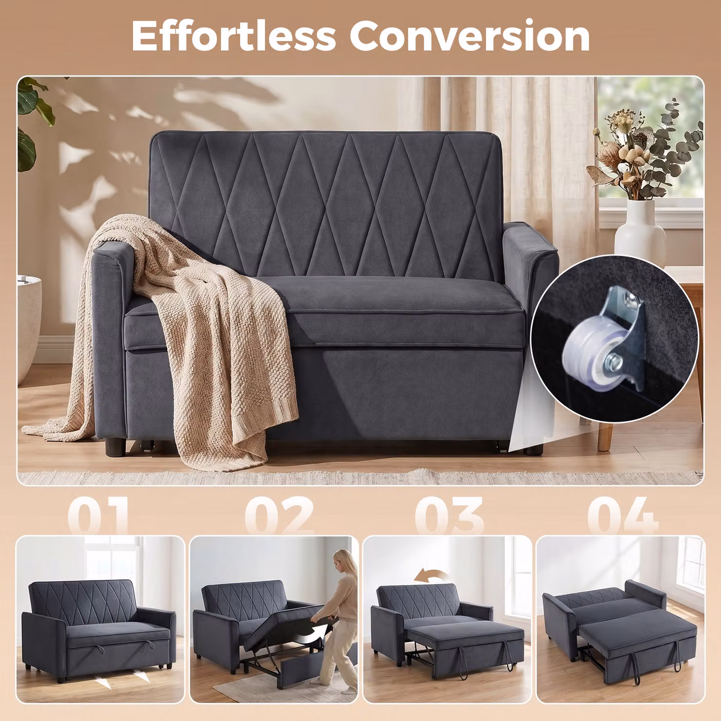 HOMCOM 2 Seater Convertible Sofa Bed with Click-Clack Adjustable Backrest, Grey Velvet Upholstery – 4