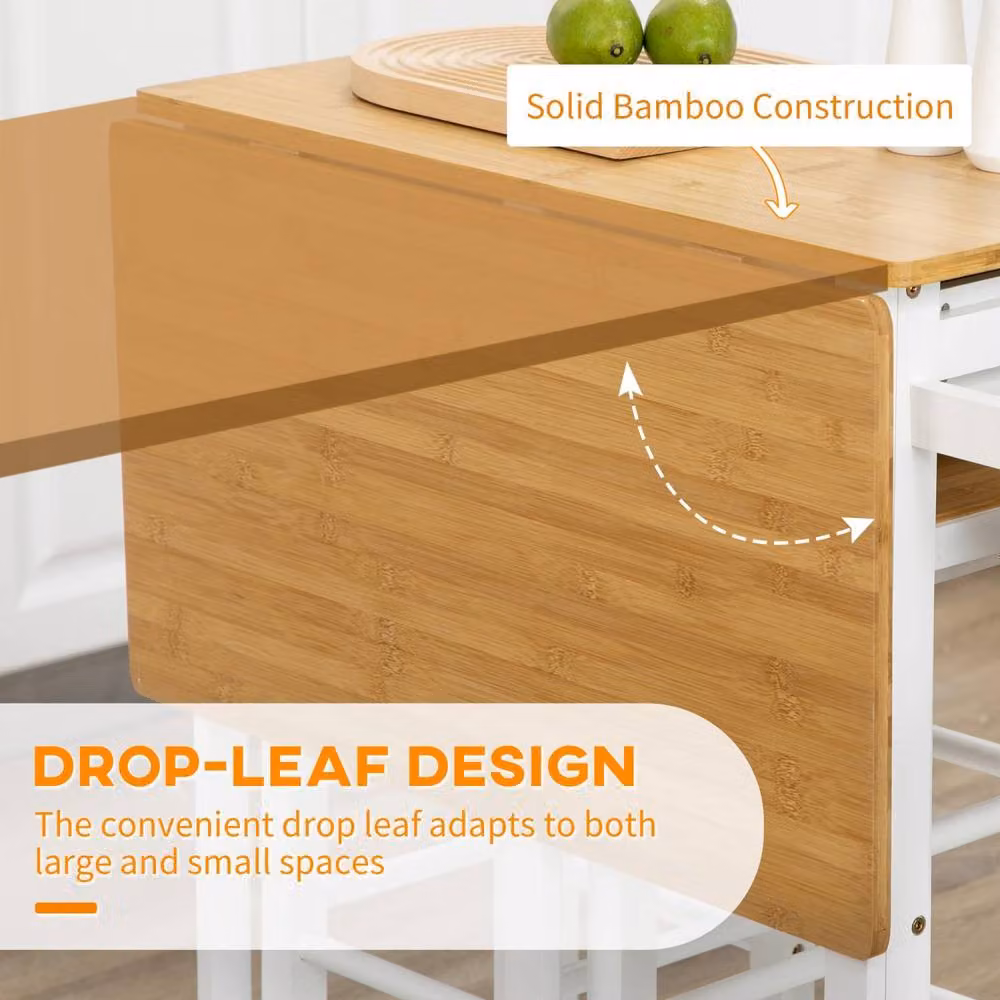 Wyld Haus Bamboo Drop Leaf Kitchen Island Set with 2 Stools, Drawers and Towel Rack, White, H 86.0 x W 75.5 x D 83.5 cm – 4