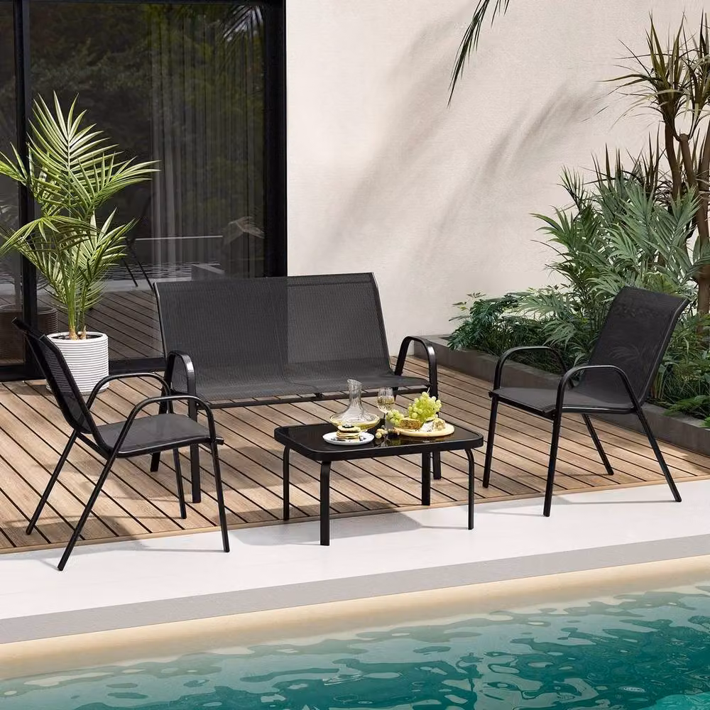 Hinsinc Black 4-Piece Metal and Glass Patio Table and Chairs Set – 4