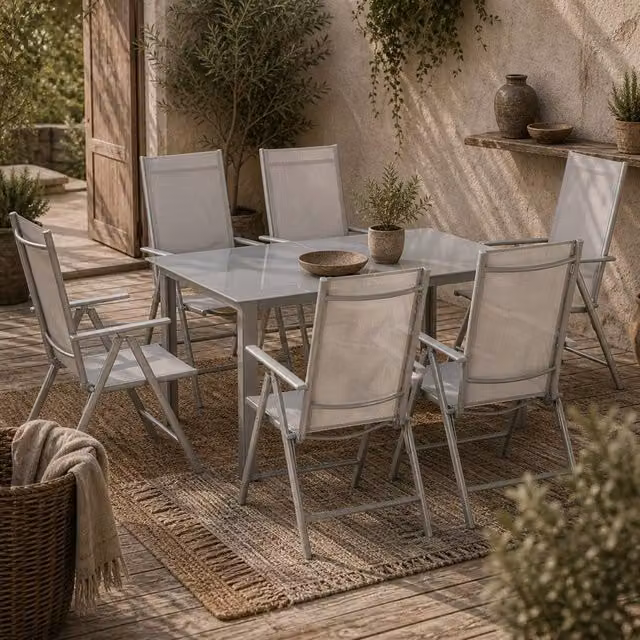 Wyld Haus Pasab 6 Seater Garden Dining Set with Glass Table and Folding Chairs in Light Grey