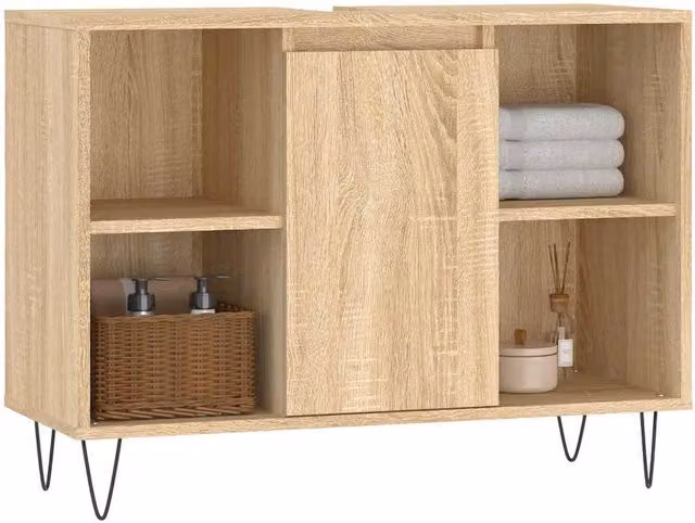 Berkfield Home Durable Sonoma Oak Bathroom Cabinet in Beige and Brown, W/D/H: 80 x 33 x 60 cm