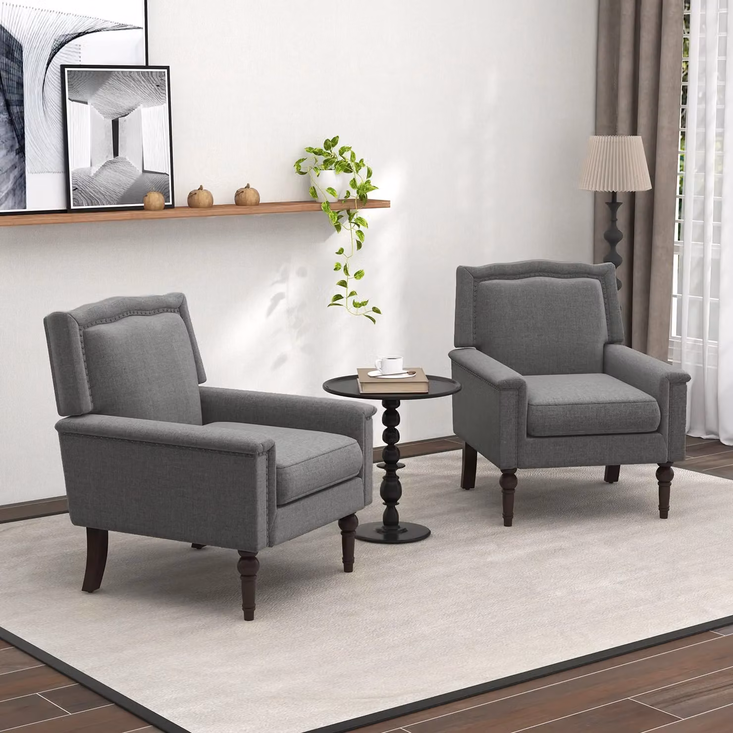 Costway Modern Armchair in Grey Linen Fabric with Nailhead Trim and Rubberwood Legs – 3