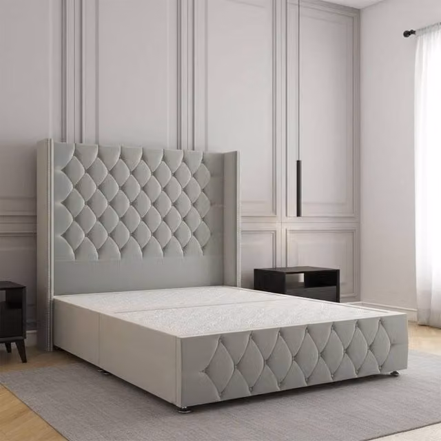 Regional Furnishings Plush Velvet Double Divan Bed with Headboard and Footboard in Silver, W/D/H: 140 x 200 cm