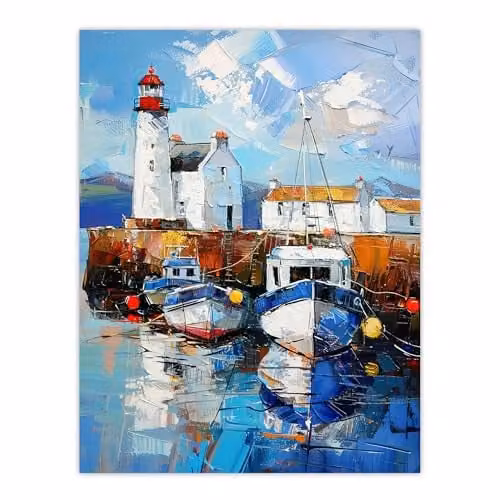 Artery8 Scottish Harbour Lighthouse Oil Painting Rustic Wall Art Poster Print, Multicolour, W: 46 cm, H: 61 cm