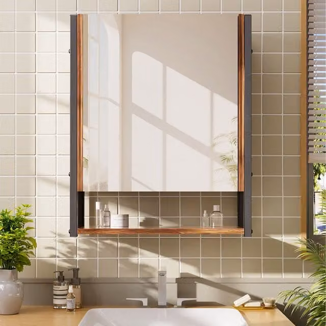 Lifeideas Modern Wall-Mounted Brown Bathroom Mirror Cabinet with Soft-Close Doors and Internal Shelves