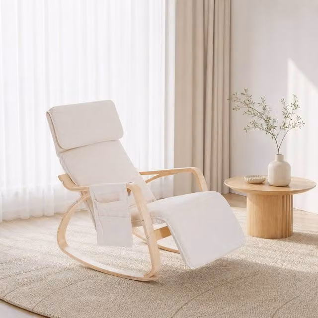 STILVORA Rocking Lounge Chair with Adjustable Leg Rest in Cream and Beige Fabric