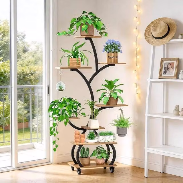 EONLION Plant Display Stand Flower Pot Shelf Rack with Grow Light and Wheels in Matt White, Pink or Purple