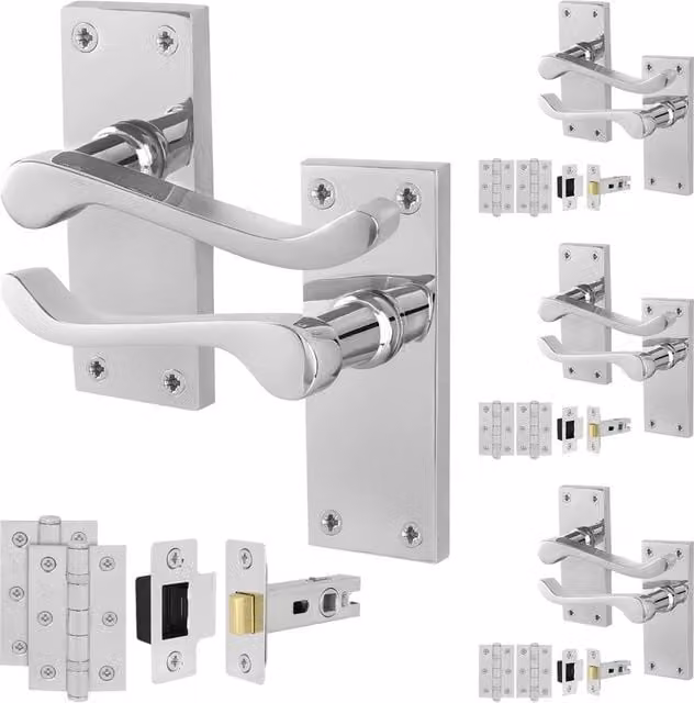 AFIT Chrome Scroll Handle Latch and Hinges Set in Silver, 4 Pairs