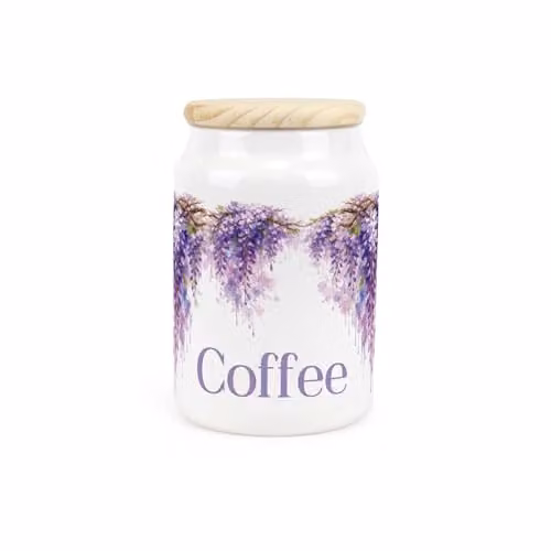 Purely Home Purple Wisteria Floral Ceramic Coffee Canister with Wooden Lid, 0.6 l, W: 14.5 cm, D: 9.5 cm