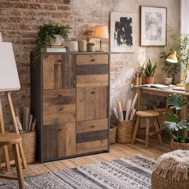 Wyld Haus Willowmere 6 Door Grey Wood Industrial Storage Cabinet W/H/D: 112.5 x 77.1 x 29.6 cm