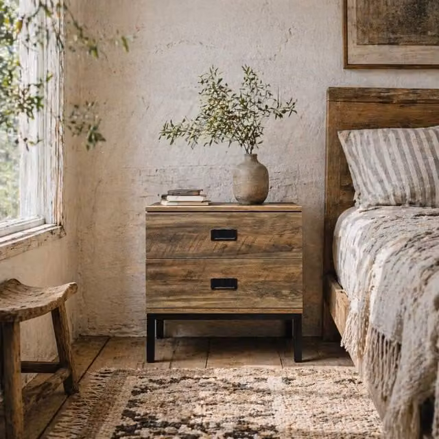 Wyld Haus Virado Bedside Table with 2 Drawers in Coffee Brown and Black