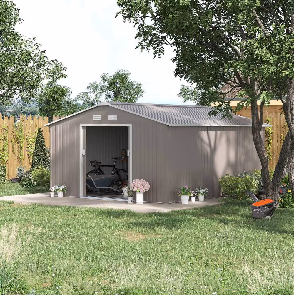 STILVORA Grey Galvanised Steel Garden Shed with Sliding Doors and Ventilation, W: 332.0 cm, D: 200.0 cm, H: 138.0 cm – 2